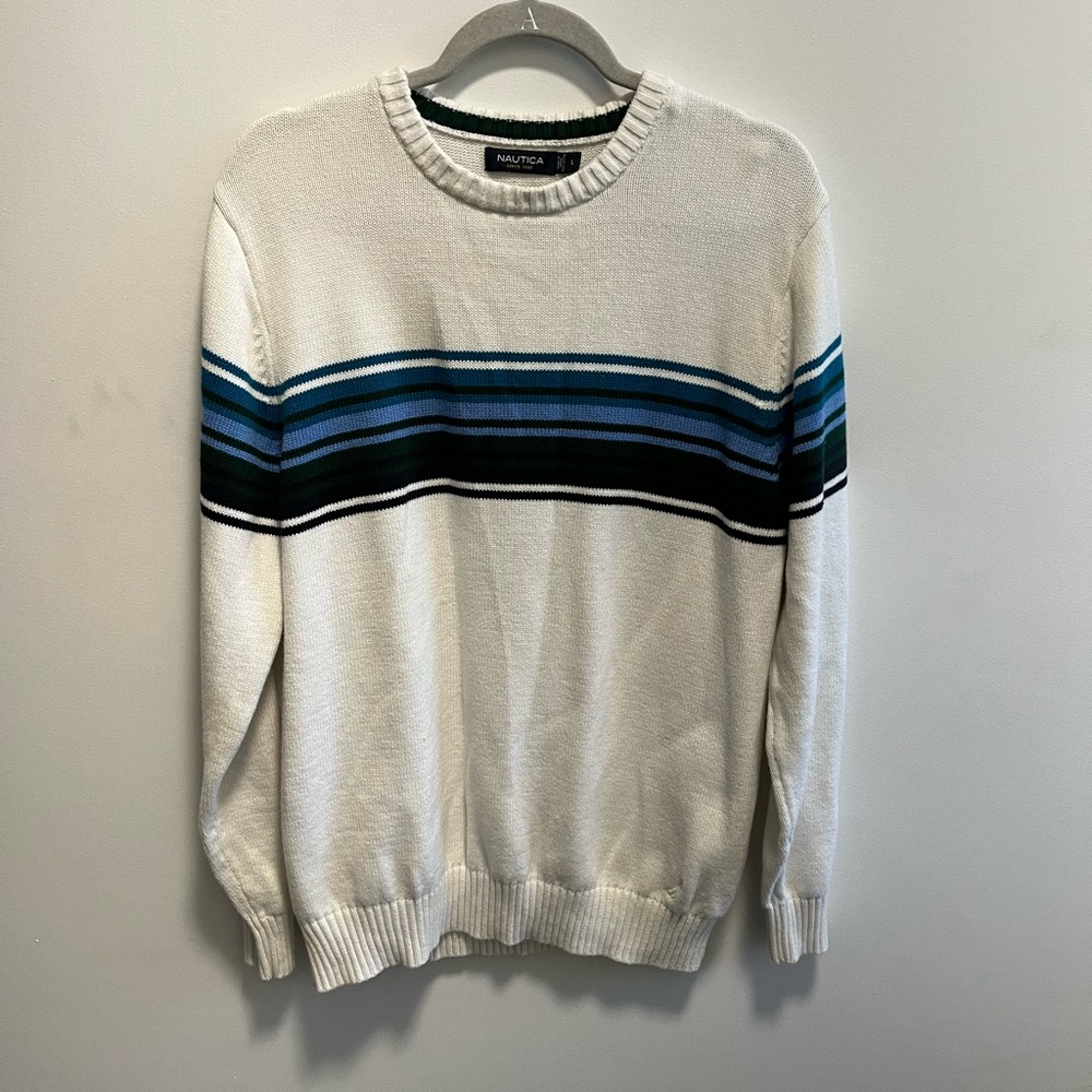 MENS WHITE NAUTICA HORIZONTAL STRIPED SWEATER!!!